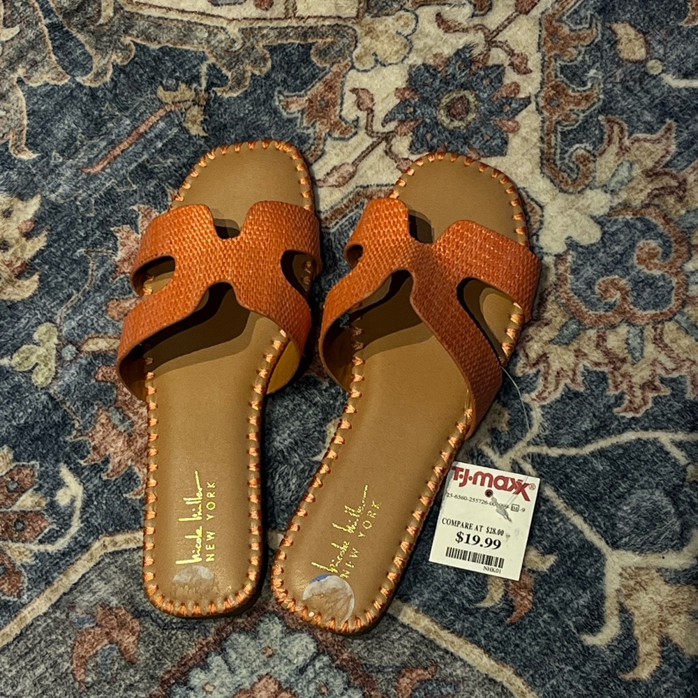 Nicole Miller Orange Leather Sandals with H-Strap Design